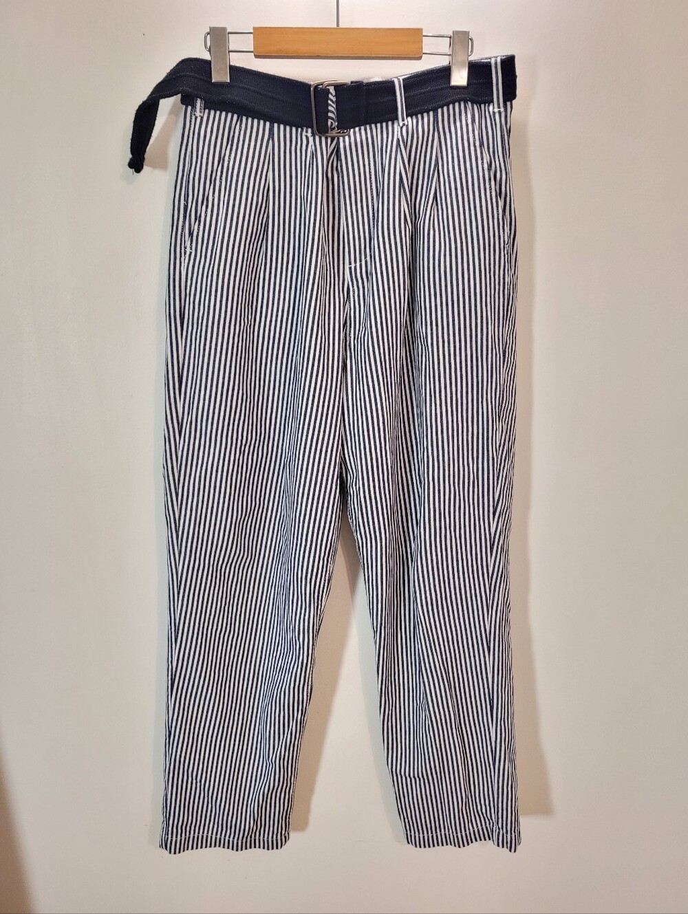 Obey Pleated Pants Black Belt White & Navy Stripe - Size 30